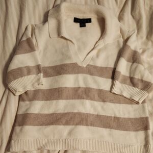 Sanctuary Cream and Tan Striped V-Neck Sweater